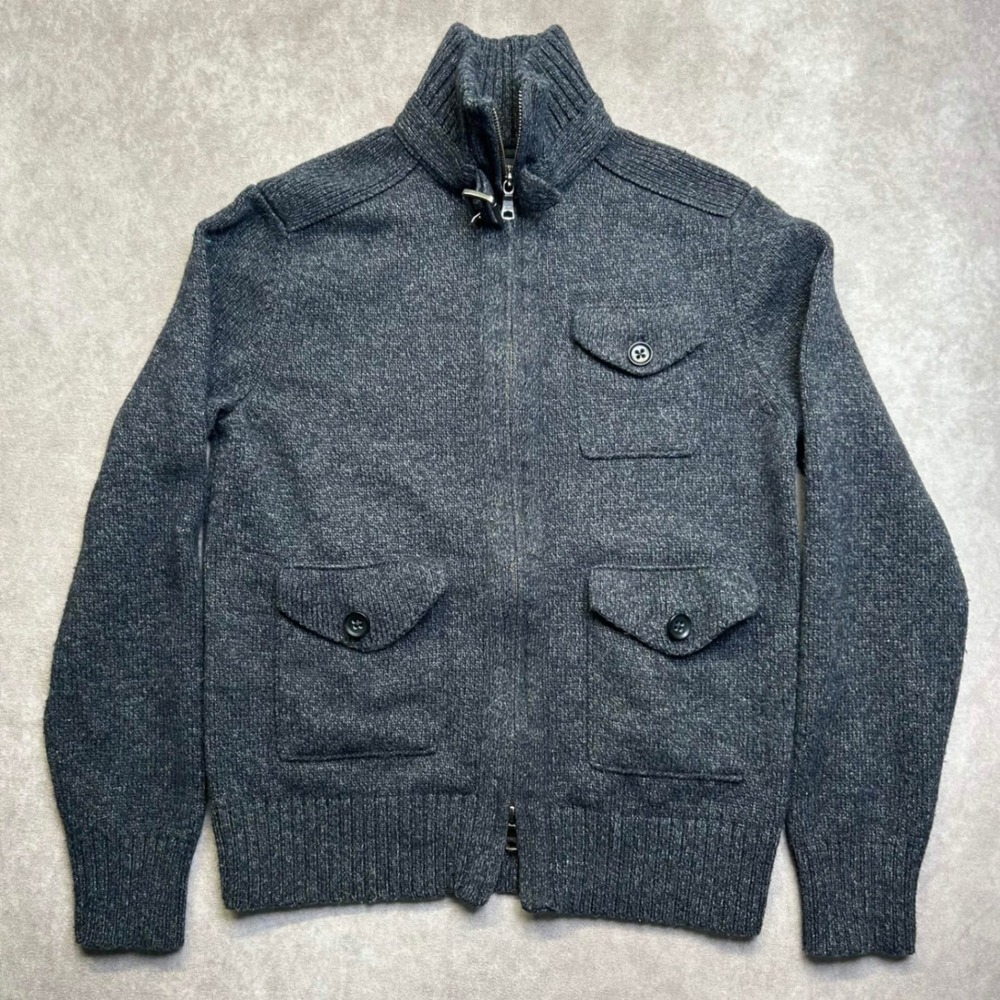 Banana Republic Mens S Lambswool Full Zip Mock Neck Toggle Cardigan Sweater Gray